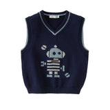Dave&Bella Toddler Boys Dark Blue V-neck Soft Cotton Robot Jacquard Knit Vests