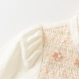 Dave&Bella Toddler Girls Beige Ruffled Collar Smocked Floral Long Puff Sleeve T-shirts