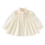 Dave&Bella Toddler Girls Beige Ruffled Collar Smocked Floral Long Puff Sleeve T-shirts