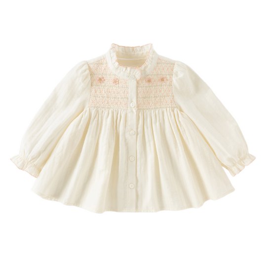Dave&Bella Toddler Girls Beige Ruffled Collar Smocked Floral Long Puff Sleeve T-shirts