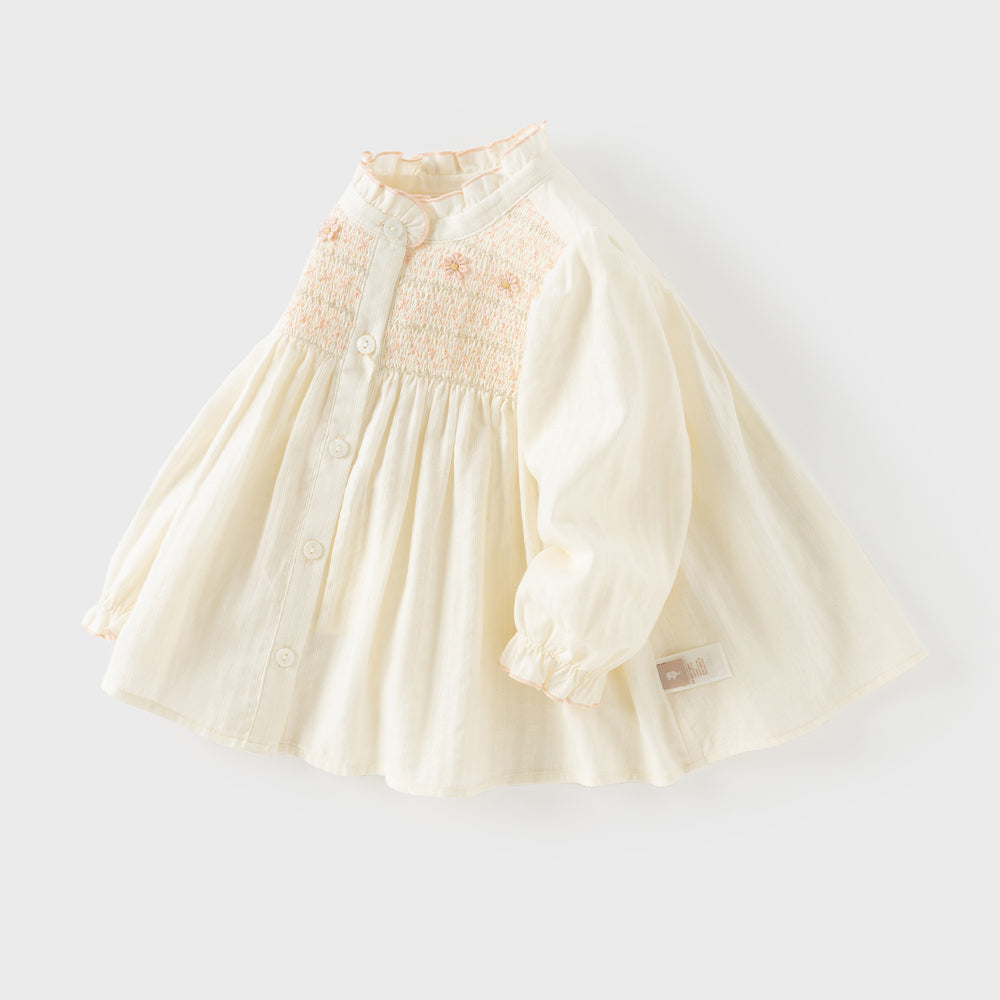 Dave&Bella Toddler Girls Beige Ruffled Collar Smocked Floral Long Puff Sleeve T-shirts