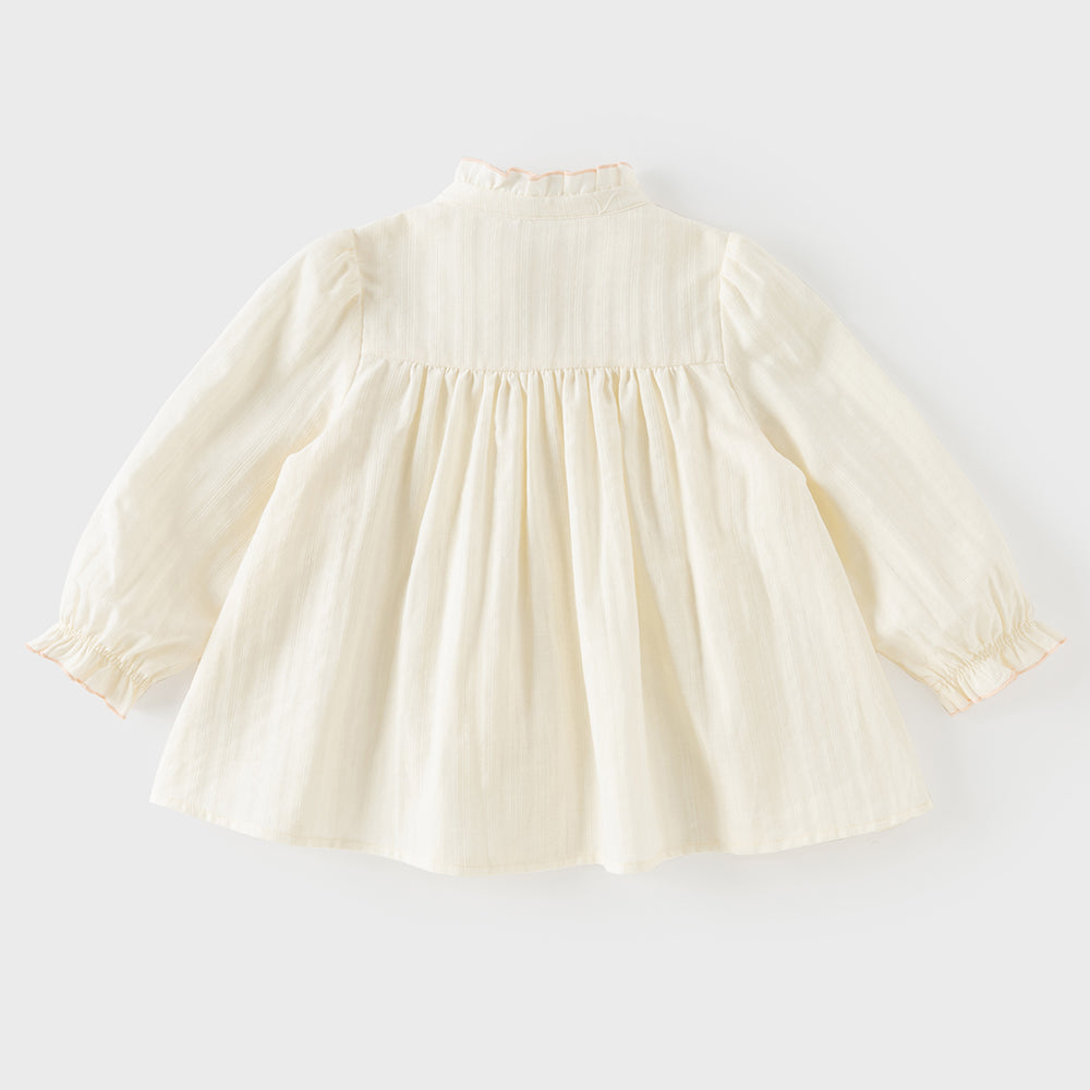 Dave&Bella Toddler Girls Beige Ruffled Collar Smocked Floral Long Puff Sleeve T-shirts
