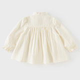 Dave&Bella Toddler Girls Beige Ruffled Collar Smocked Floral Long Puff Sleeve T-shirts