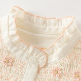 Dave&Bella Toddler Girls Beige Ruffled Collar Smocked Floral Long Puff Sleeve T-shirts