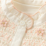 Dave&Bella Toddler Girls Beige Ruffled Collar Smocked Floral Long Puff Sleeve T-shirts