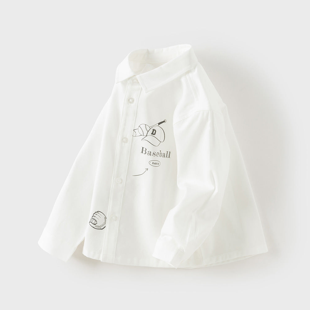 Dave&Bella Toddler Boys White Print Long Sleeve Soft Cotton Shirts