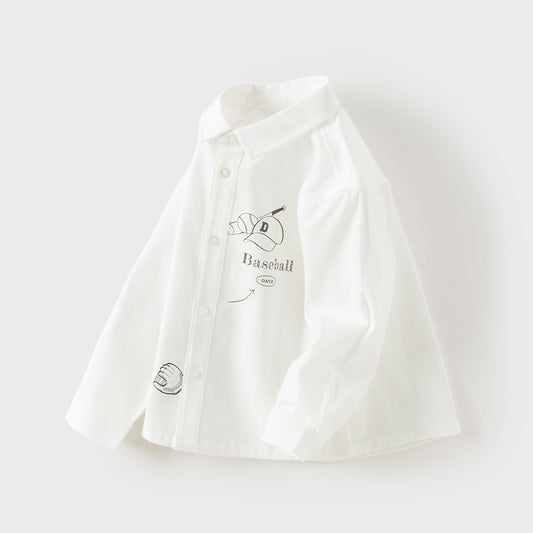 Dave&Bella Toddler Boys White Print Long Sleeve Soft Cotton Shirts