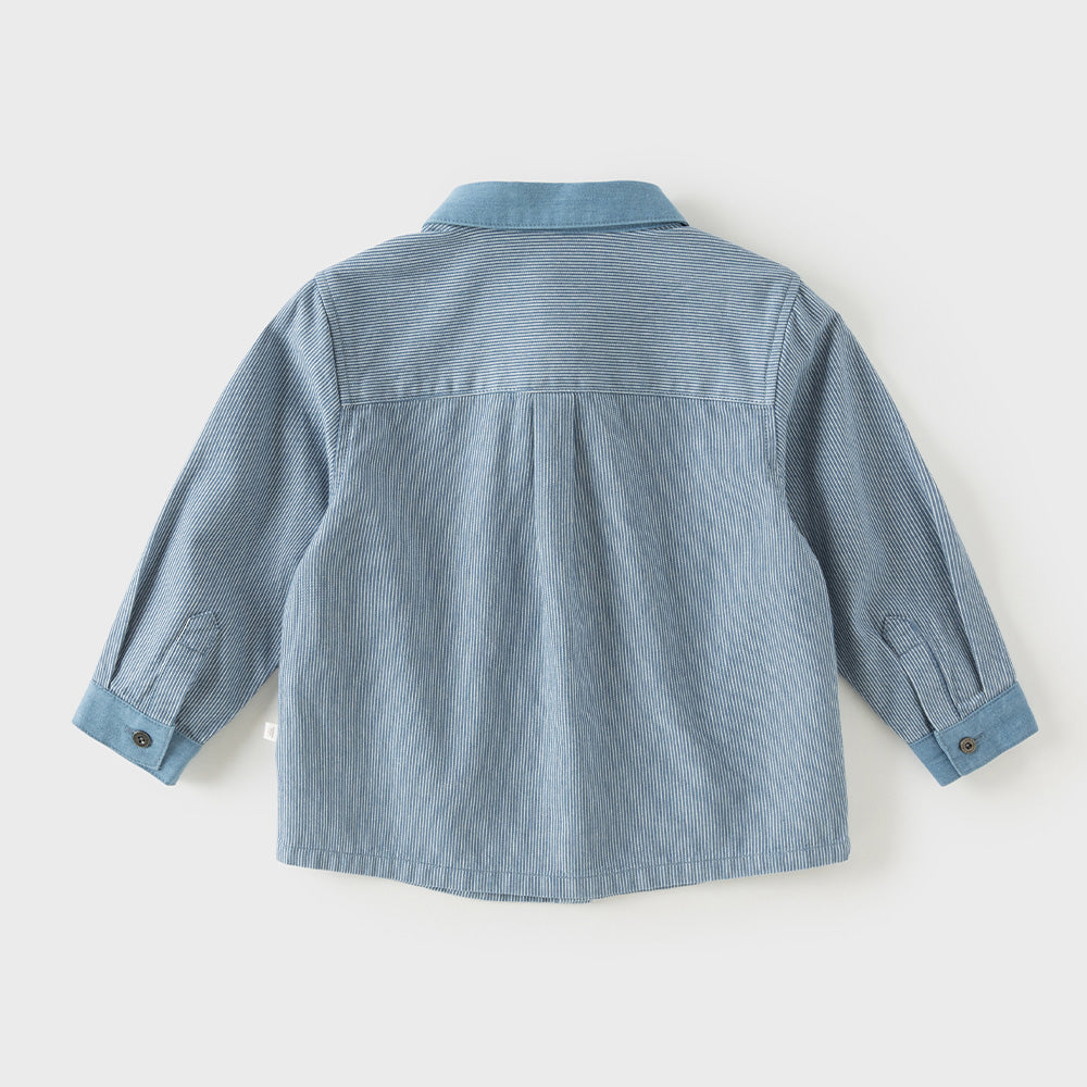 Dave&Bella Toddler Boys Blue White Striped Dinosaur Embroidery Soft Cotton Shirts