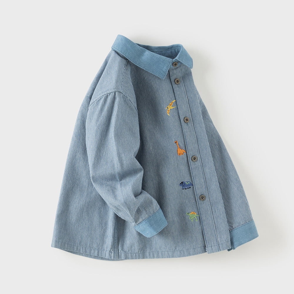 Dave&Bella Toddler Boys Blue White Striped Dinosaur Embroidery Soft Cotton Shirts