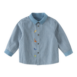 Dave&Bella Toddler Boys Blue White Striped Dinosaur Embroidery Soft Cotton Shirts