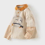 Dave&Bella Toddler Boys Apricot Polo Collar Dinosaur Print Comfortable Polos