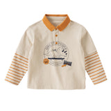 Dave&Bella Toddler Boys Apricot Polo Collar Dinosaur Print Comfortable Polos