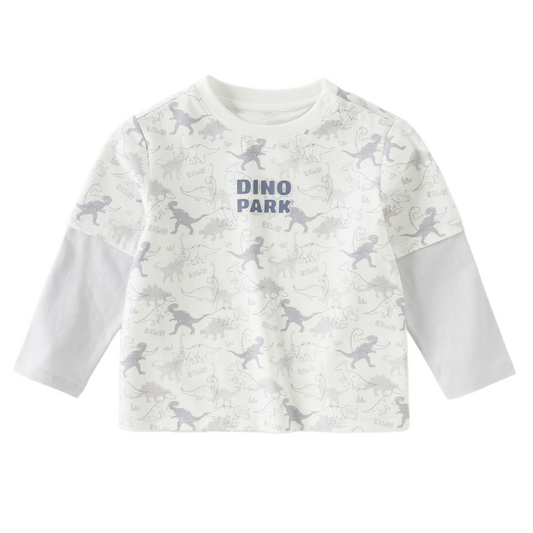 Dave&Bella Toddler Boys White Cute Dinosaur Print Cozy Soft Cotton T-shirts