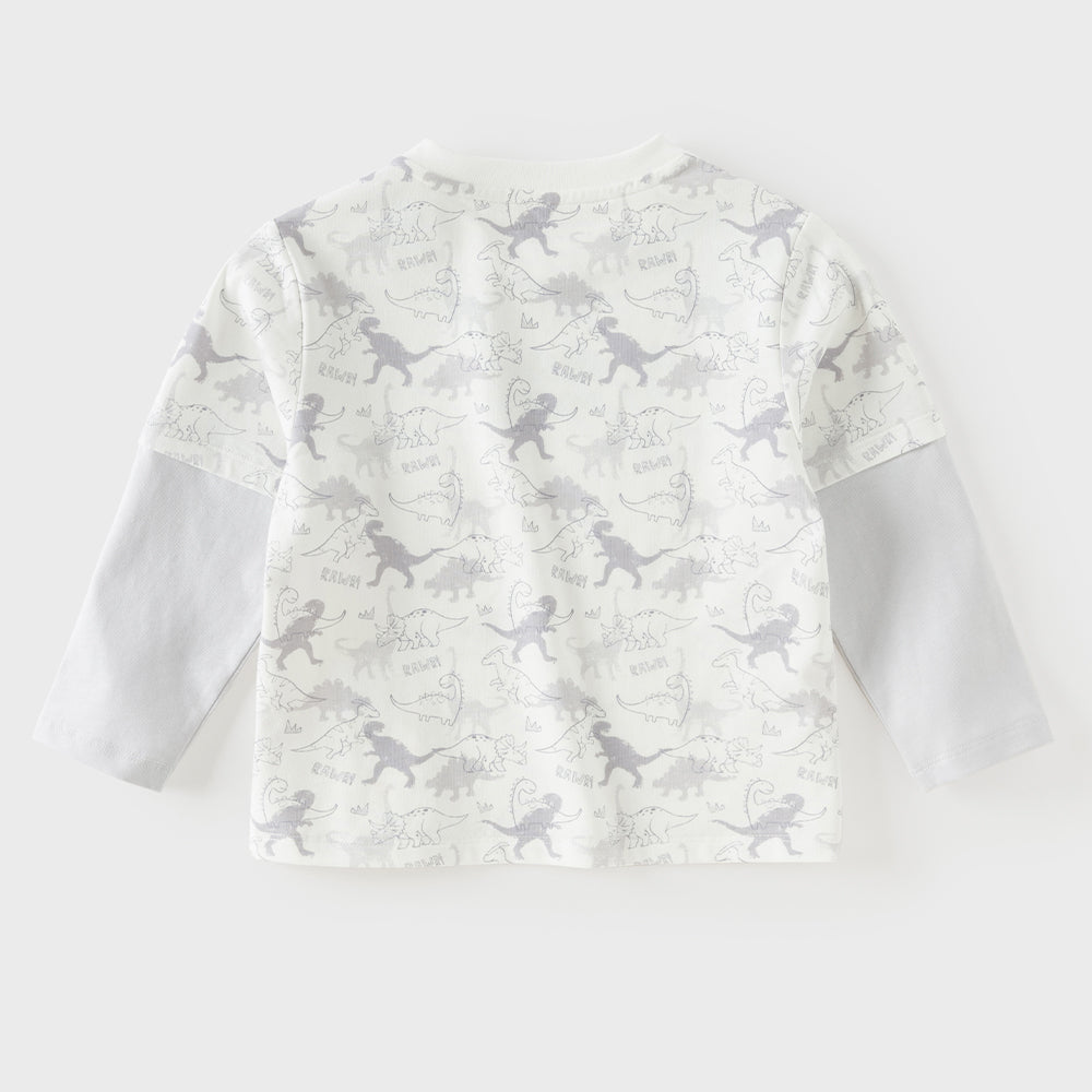 Dave&Bella Toddler Boys White Cute Dinosaur Print Cozy Soft Cotton T-shirts