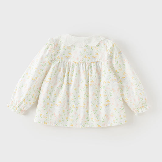 Dave&Bella Toddler Girls Beige Floral Print Cute Doll Collar Cotton Soft Shirts