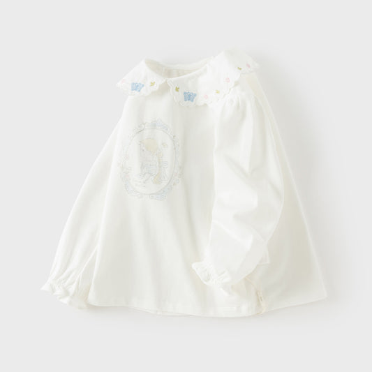 Dave&Bella Toddler Girls White/Yellow Doll Collar Cute Print Comfortable Casual T-shirts