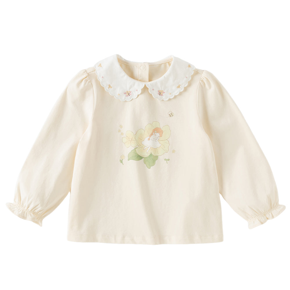 Dave&Bella Toddler Girls White/Yellow Doll Collar Cute Print Comfortable Casual T-shirts