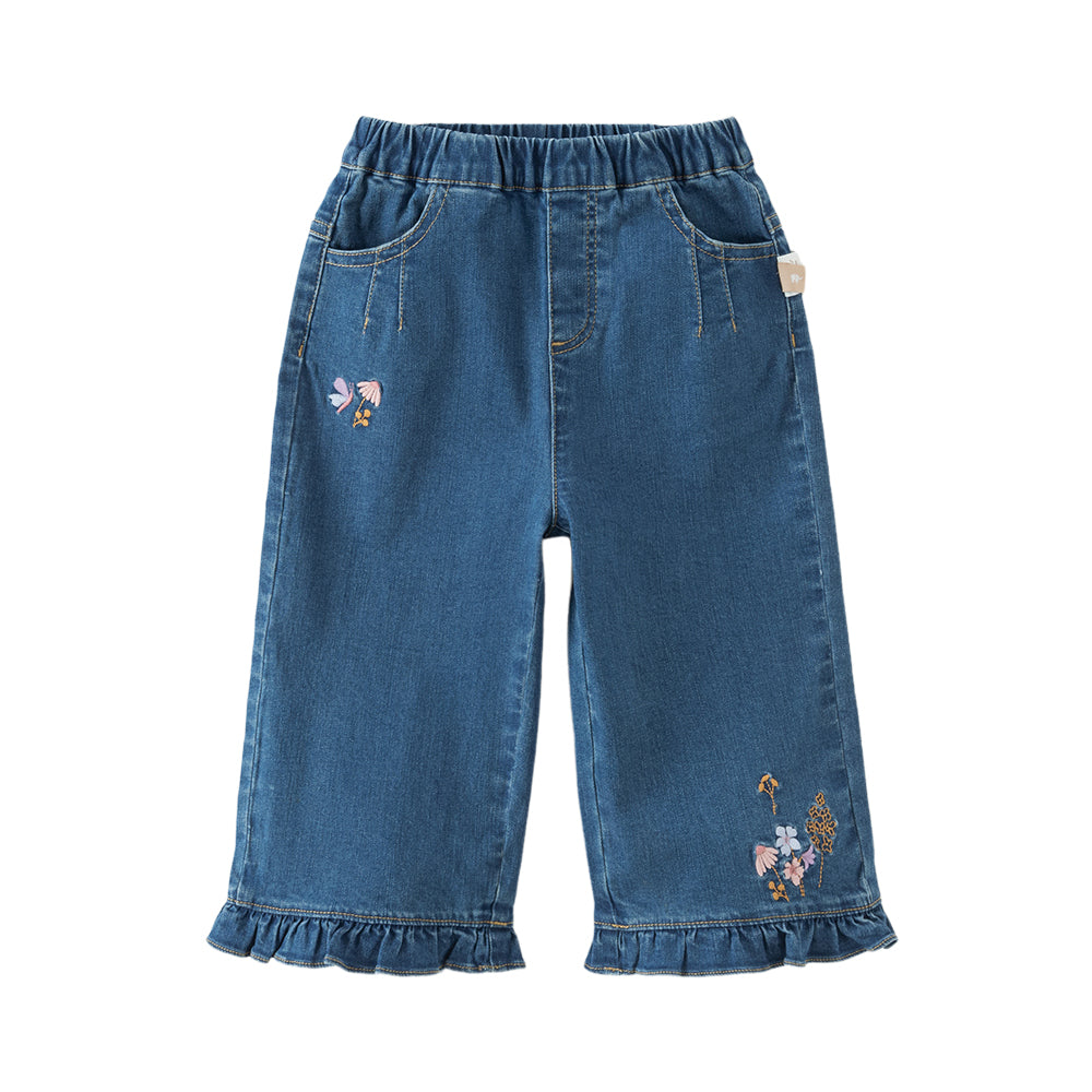 Dave&Bella Toddler Girls Denim Blue Loose Straight Leg Denim Versatile Jeans