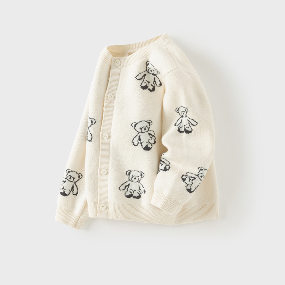 Dave&Bella Toddler Girls Beige Cute Bear Jacquard Cozy Cotton Cardigans