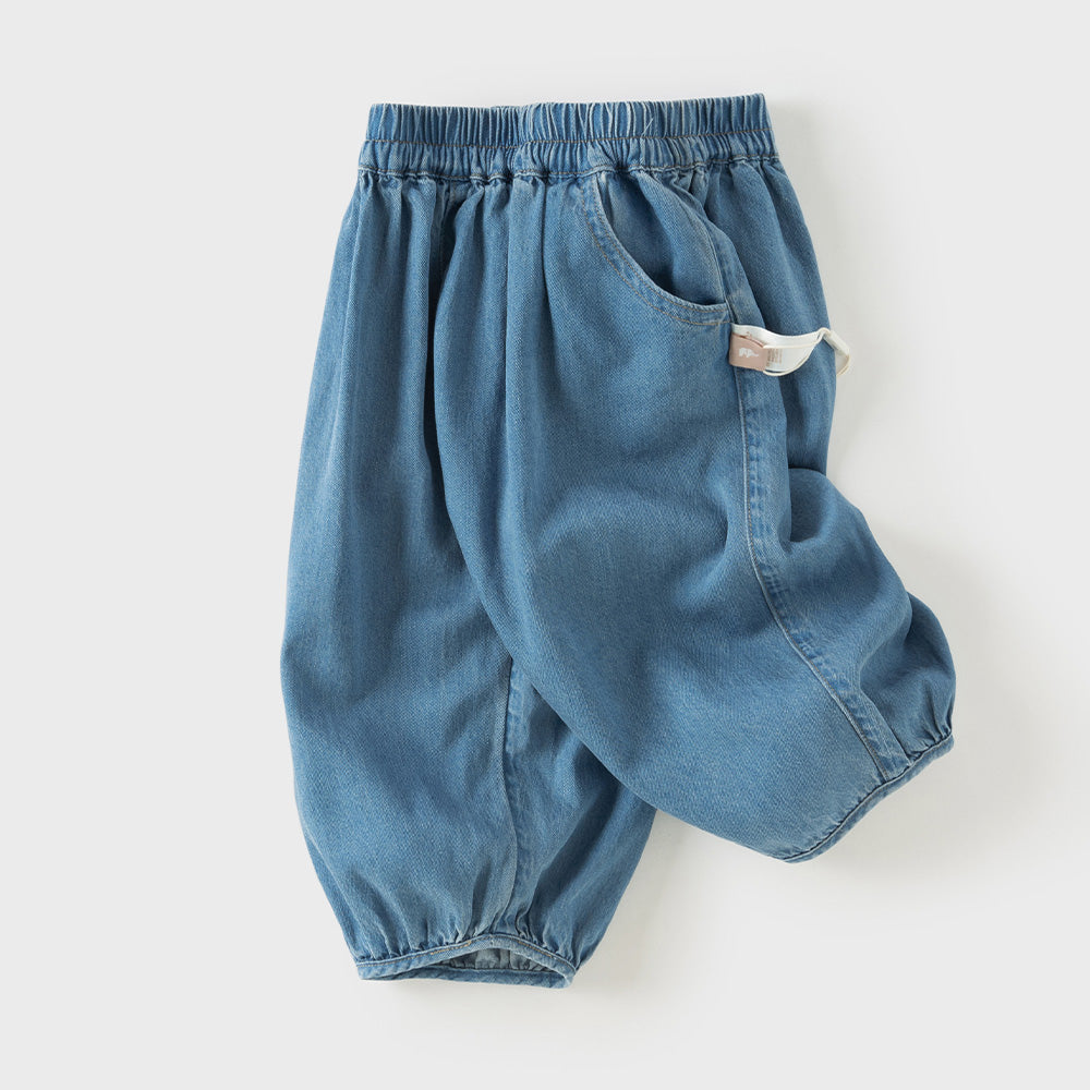 Dave&Bella Toddler Girls Denim Blue Classic Plain Drawstring Jeans