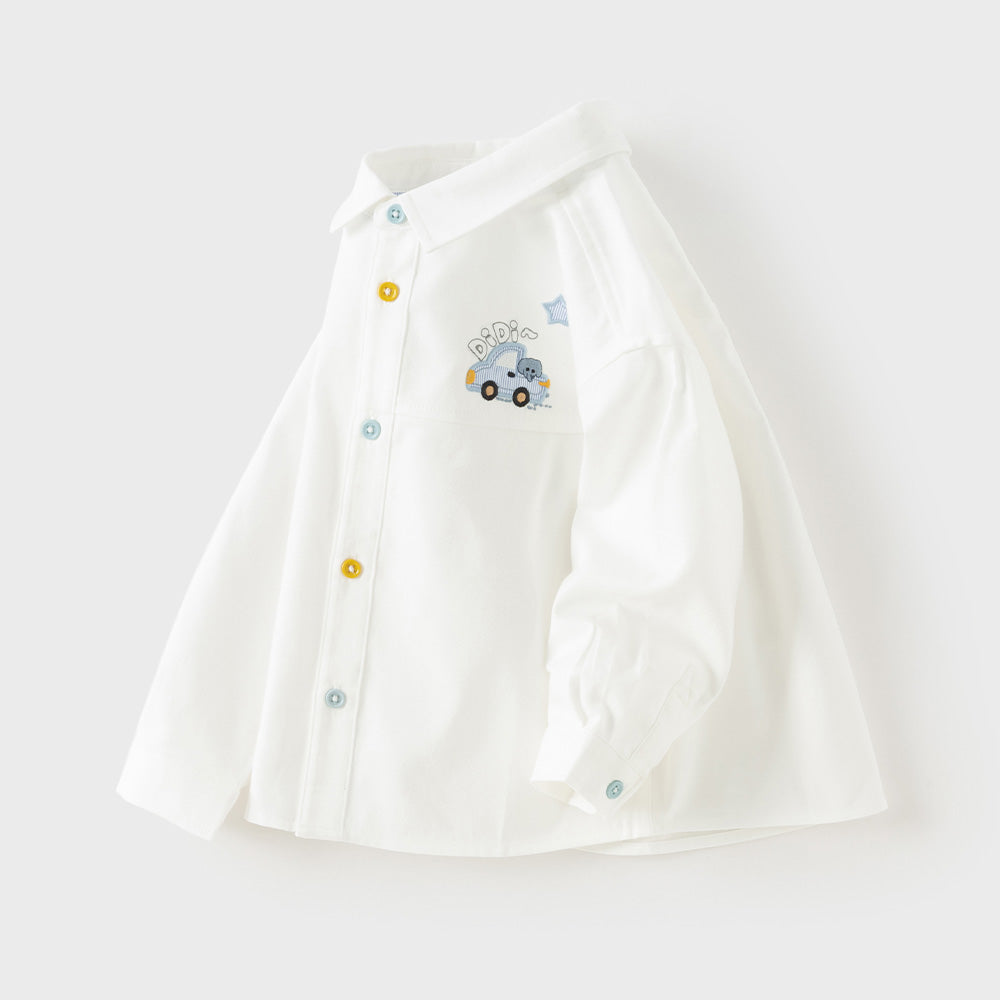 Dave&Bella Toddler Boys White Car Embroidery Cotton Soft Simple Style Shirts
