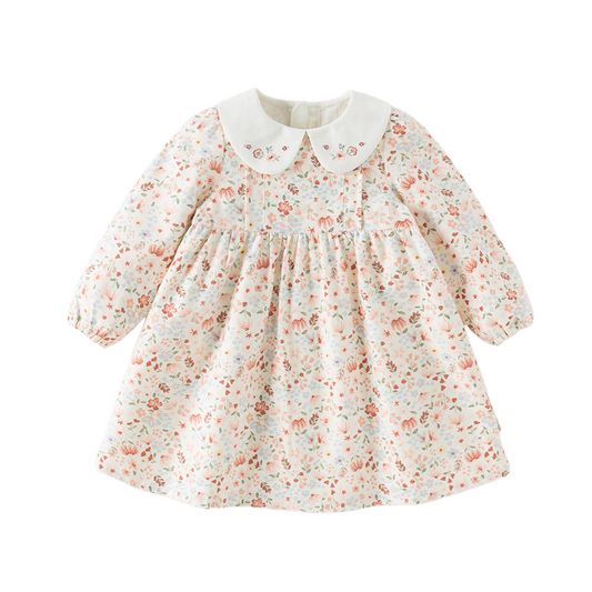 Dave&Bella Toddler Girls Beige Floral Print Doll Collar Soft Cotton A-line Dress