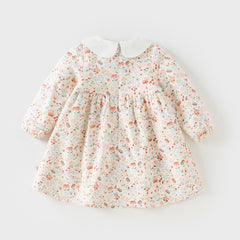 Dave&Bella Toddler Girls Beige Floral Print Doll Collar Soft Cotton A-line Dress