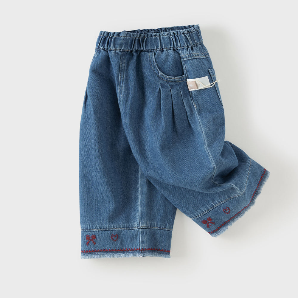 Dave&Bella Toddler Girls Denim Blue Straight Leg Sweet Embroidery Jeans
