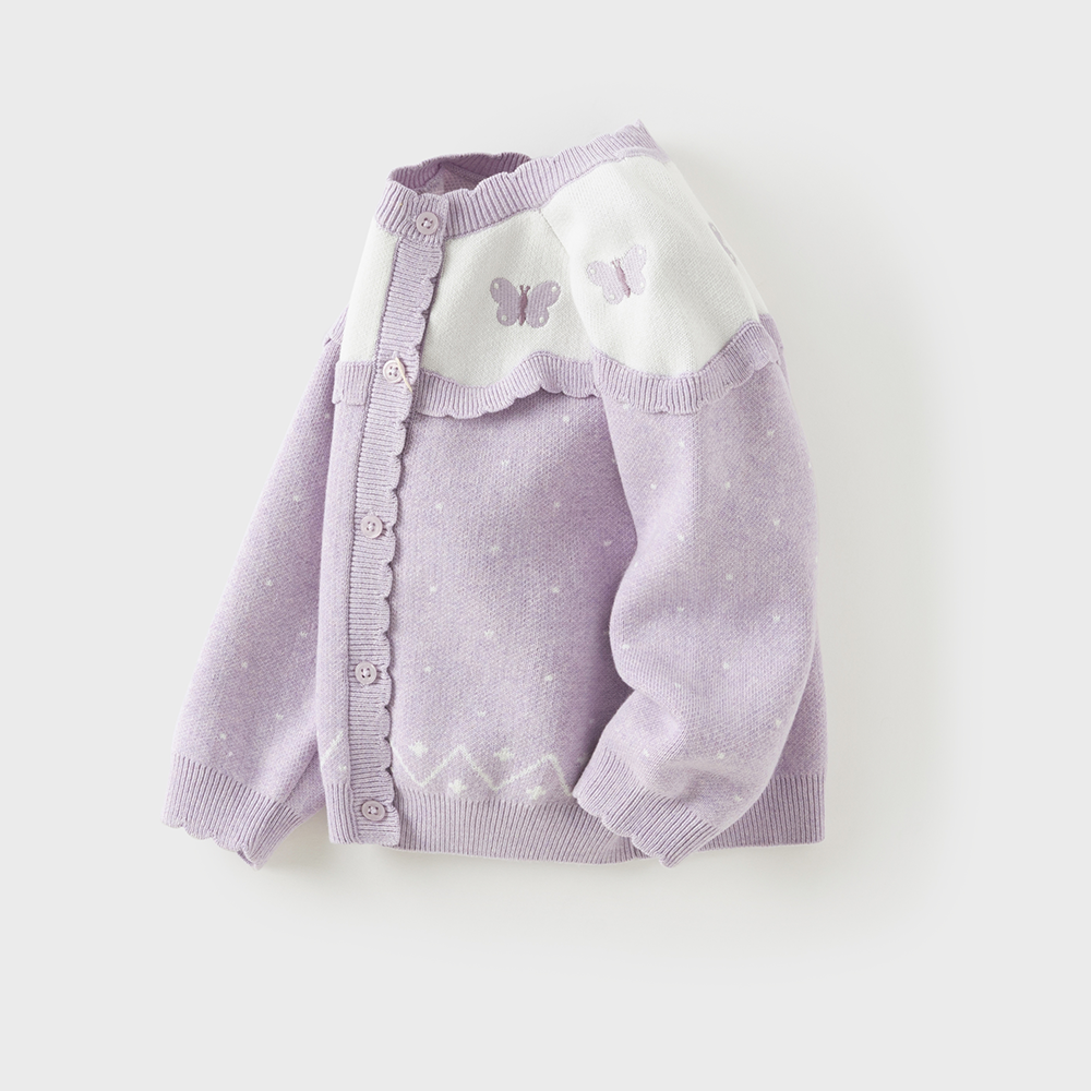Dave&Bella Toddler Girls Purple Scalloped Butterfly Jacquard Knit Cozy Cotton Cardigans