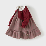 Dave&Bella Toddler Girls Dark Red Plaid Doll Collar Soft Cotton Party A-line Dress