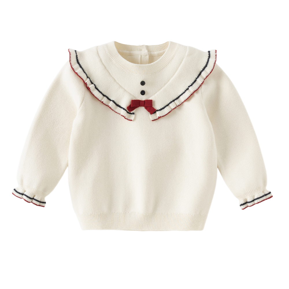 Dave&Bella Toddler Girls Beige Ruffle Collar Cozy Comfortable Cotton Knit Sweaters