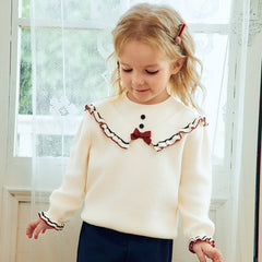 Dave&Bella Toddler Girls Beige Ruffle Collar Cozy Comfortable Cotton Knit Sweaters