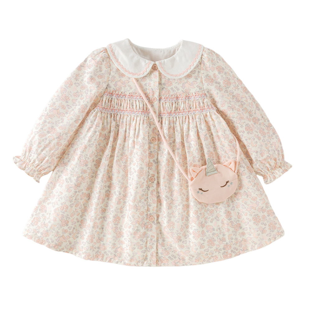 Dave&Bella Toddler Girls Floral Print Cozy Cotton A-line Birthday Dress (Wallet bag)