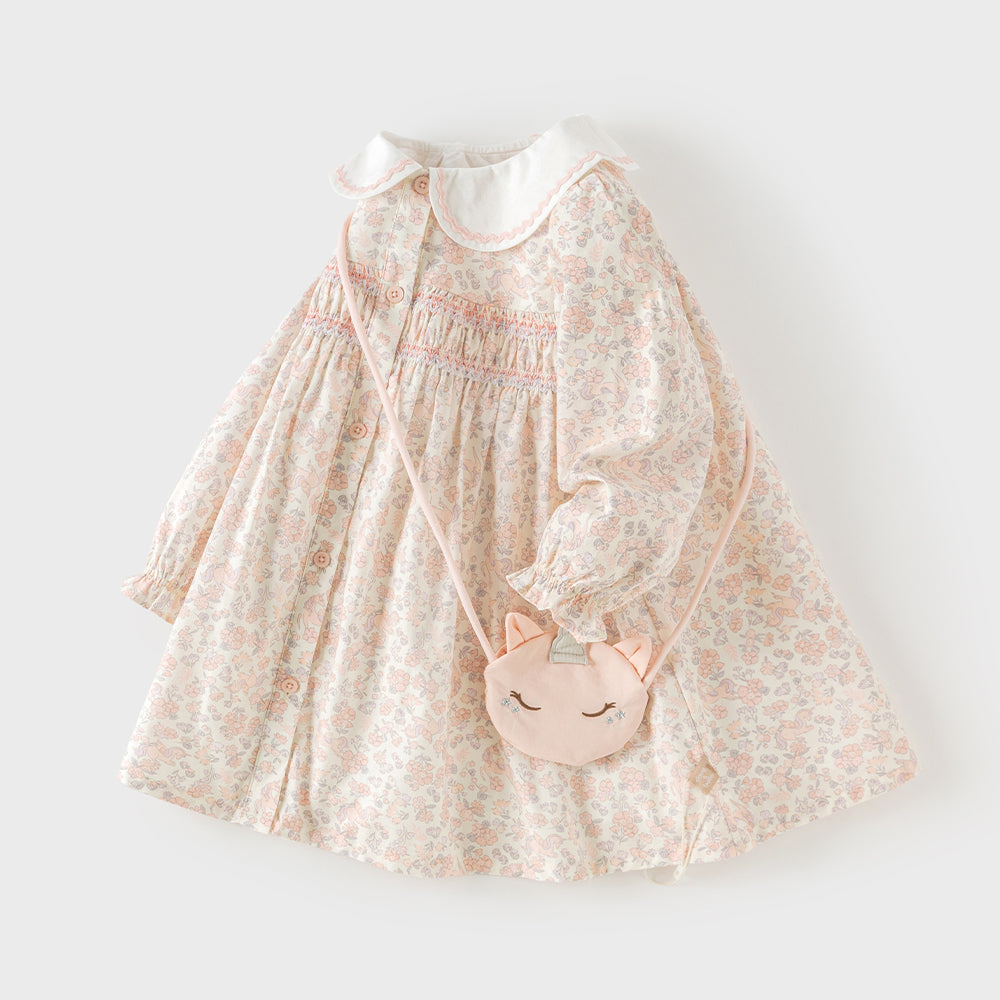 Dave&Bella Toddler Girls Floral Print Cozy Cotton A-line Birthday Dress (Wallet bag)