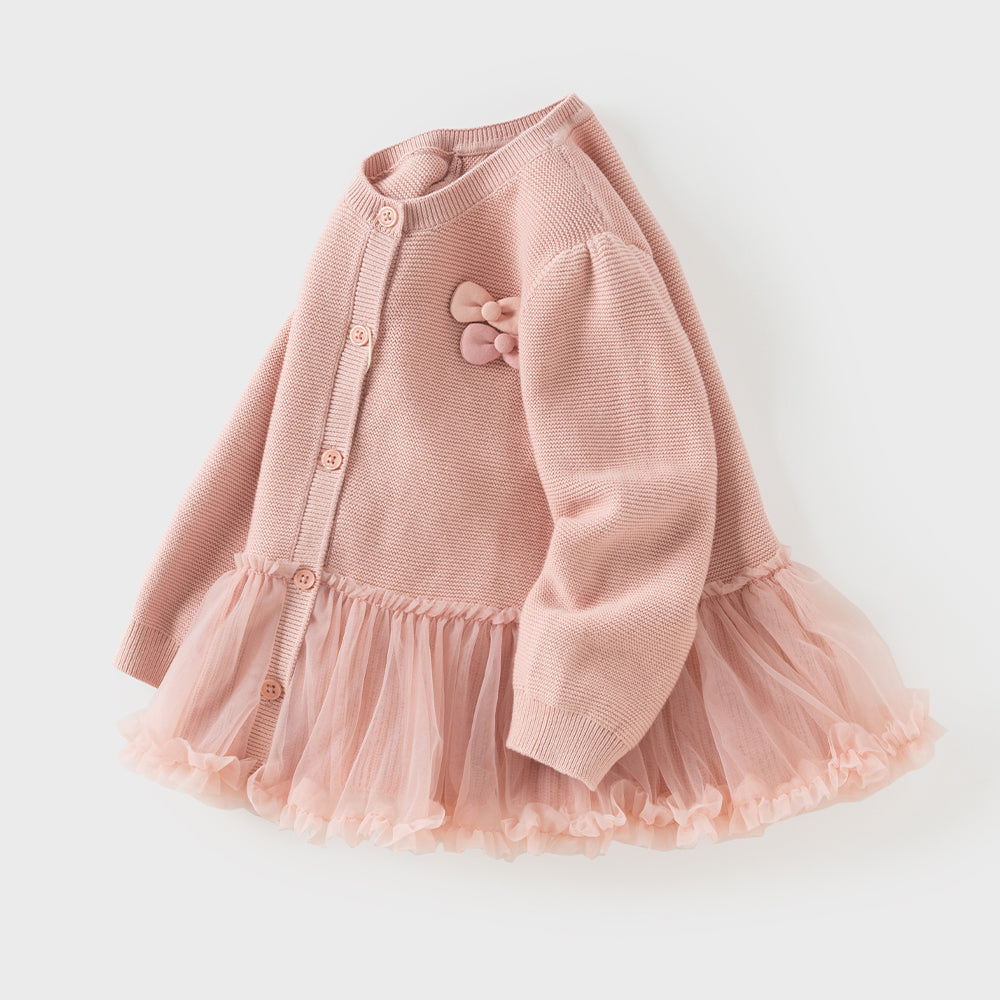 Dave&Bella Toddler Girls Pink Mesh Dress Style Cozy Cotton Round Collar Cardigans