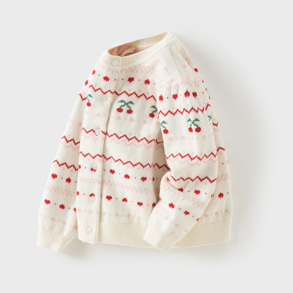 Dave&Bella Kid Girls Beige Cherry & Heart Jacquard Cotton Cardigans