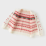 Dave&Bella Kid Girls Beige Cherry & Heart Jacquard Cotton Cardigans