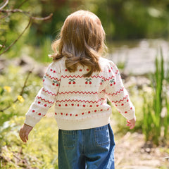 Dave&Bella Kid Girls Beige Cherry & Heart Jacquard Cotton Cardigans