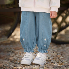 Dave&Bella Toddler Girls Denim Blue Cotton Comfortable Drawstring Jeans
