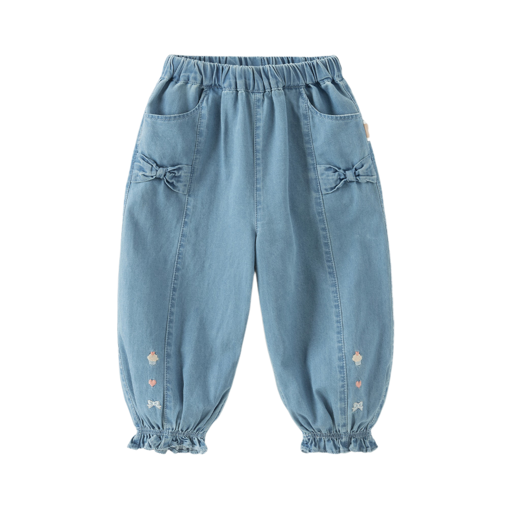 Dave&Bella Toddler Girls Denim Blue Cotton Comfortable Drawstring Jeans