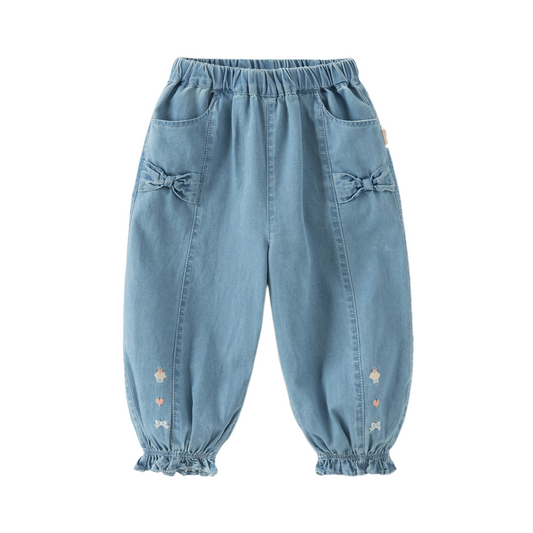 Dave&Bella Toddler Girls Denim Blue Cotton Comfortable Drawstring Jeans