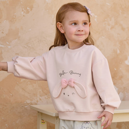 Dave&Bella Toddler Girls Pink Cute Rabbit Print Daily Round Collar Sweatshirts