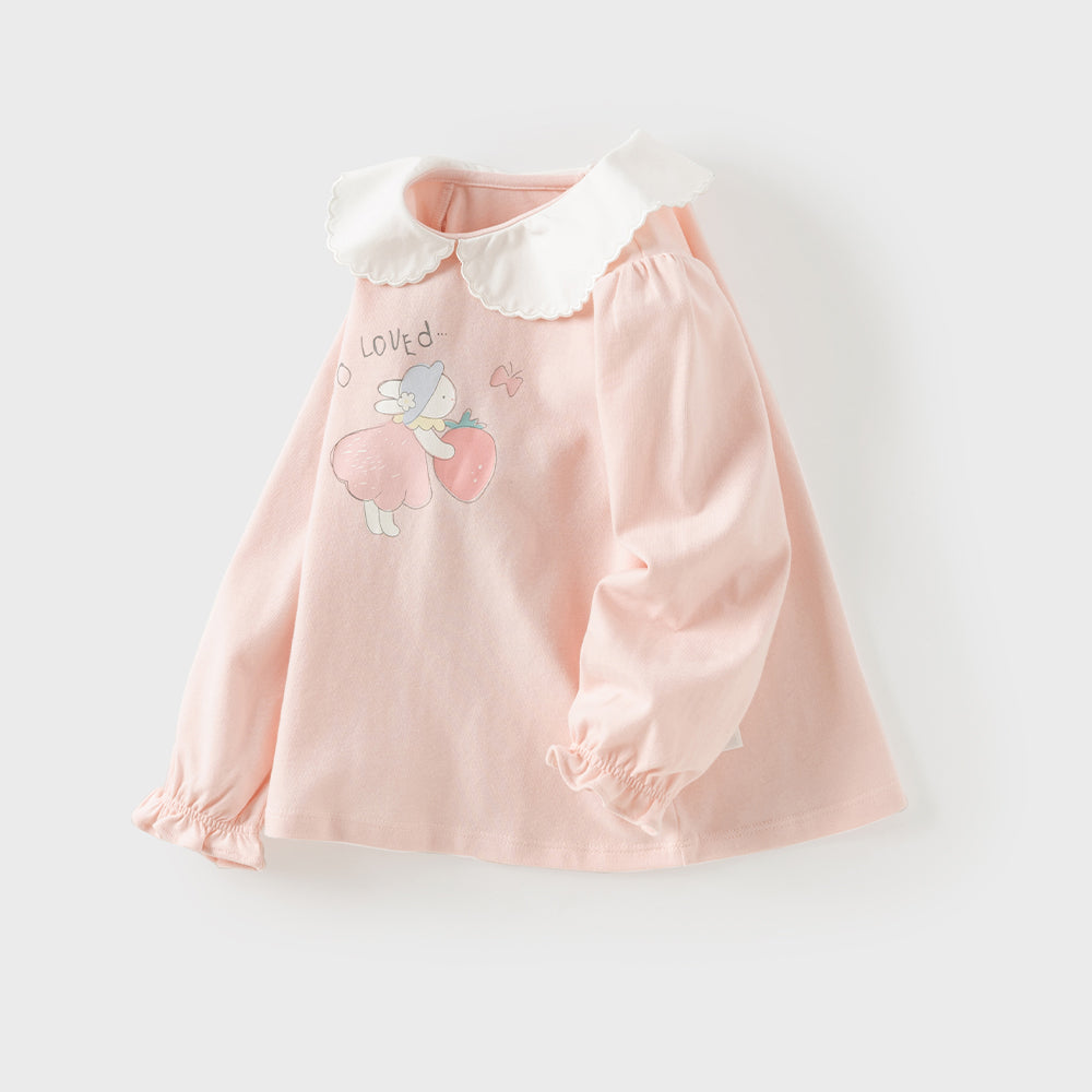Dave&Bella Toddler Girls Pink Sweet Print Doll Collar Comfortable Cozy Cotton T-shirts