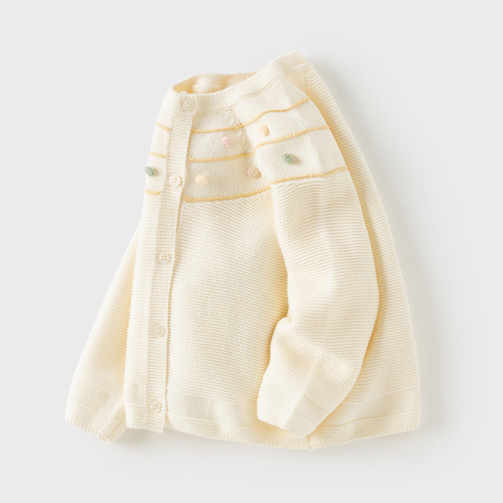Dave&Bella Toddler Girls Beige/Navy Simple Versatile Round Collar Cardigans