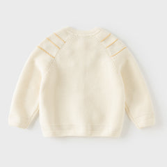 Dave&Bella Toddler Girls Beige/Navy Simple Versatile Round Collar Cardigans