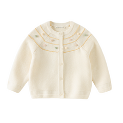 Dave&Bella Toddler Girls Beige/Navy Simple Versatile Round Collar Cardigans