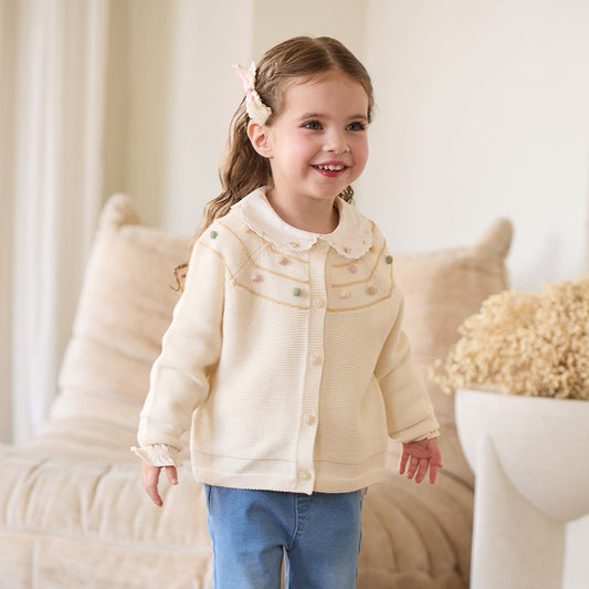 Dave&Bella Toddler Girls Beige/Navy Simple Versatile Round Collar Cardigans