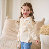Dave&Bella Toddler Girls Beige/Navy Simple Versatile Round Collar Cardigans