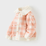 Dave&Bella Toddler Girls Pink White Plaid Doll Collar Cute Sweater Cardigans