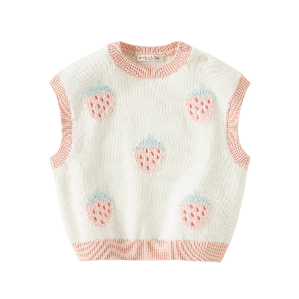 Dave&Bella Toddler Girls Pink Soft Strawberry Jacquard Knit Sleeveless Outwear Vests